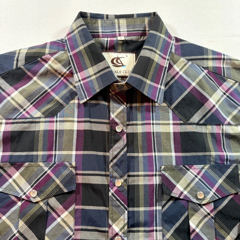 Coevals Club Western Shirt Mens Large Purple Plaid Pearl Snap Long Sleeve Cotton